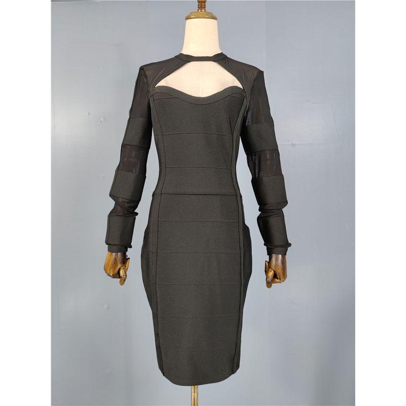 

Classy Stylish Long Sleeves Vacation Trip Shoot French Suit Heavy Industry Low-Cut Hip-Wrapped Elastic Mesh Stitching Bandage Dress Black M