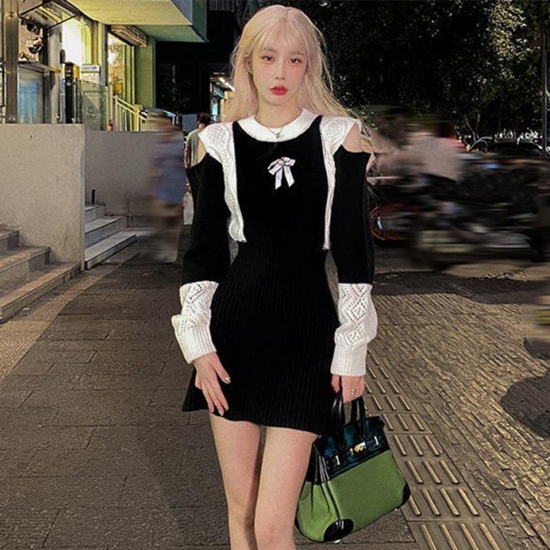 Abito avvolgente a maniche lunghe per donne fuori spalla lavorato a maglia  casual stile coreano gotico nero abito da sera temperamento sexy mini  vestito acquista in modo economico — spedizione gratuita, recensioni