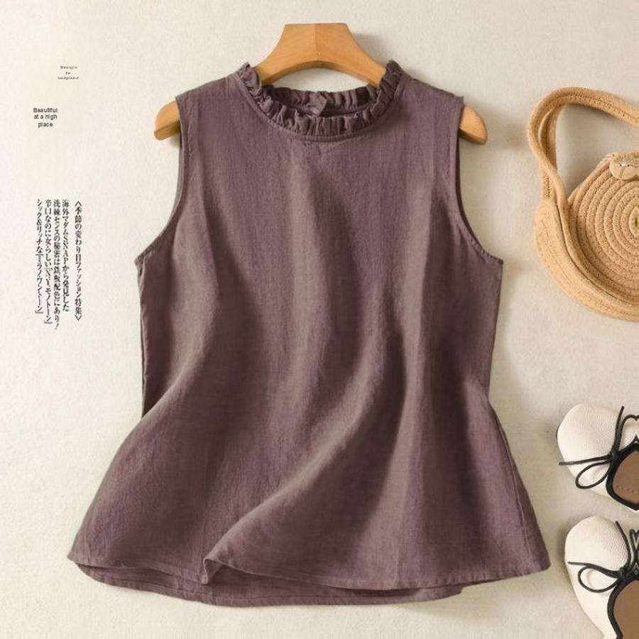 Bohemian Retro Solid Color Simple Style Sleeveless Top Summer New Arrivals Linen Cotton Women's Vest with Crew Neck