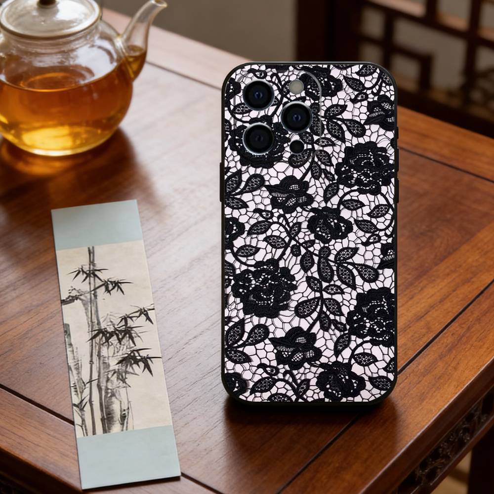 Black Lace Print Phone Case For iPhone 17, 16,15,14,13,12,11 Plus,Pro Max, Others Soft Black Cover