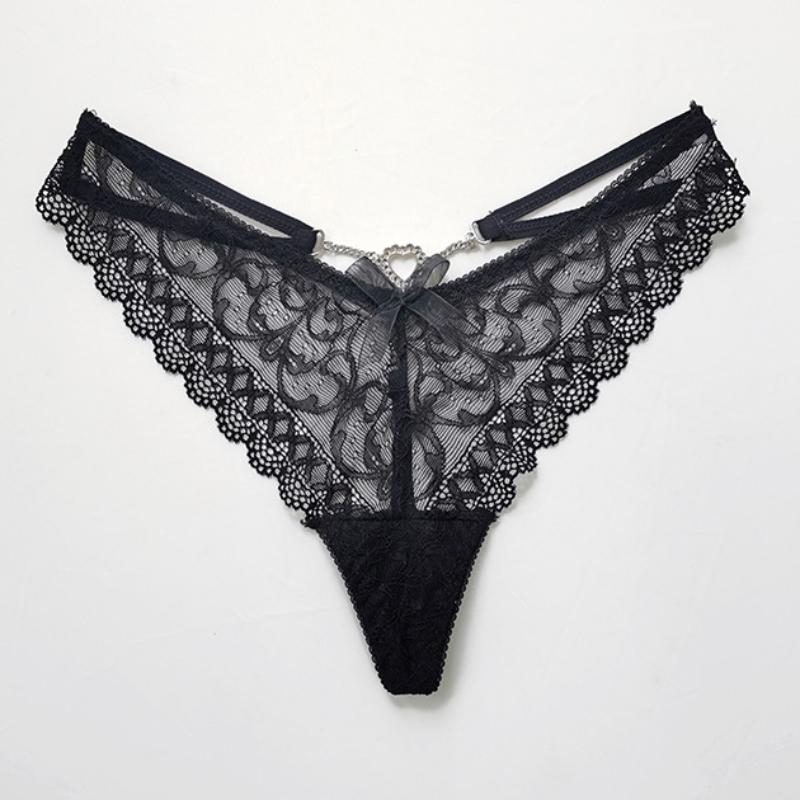 Women's Solid Color Lace Chain V Pants Sexy Black Metal Thong Low Waist Transparent Underwear