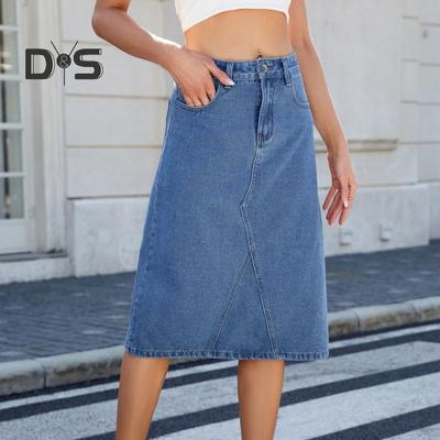 High Waist Denim Skirt with Large Hem Summer Washed Midi Skirt Slimming Stylish Design Breathable Skirt