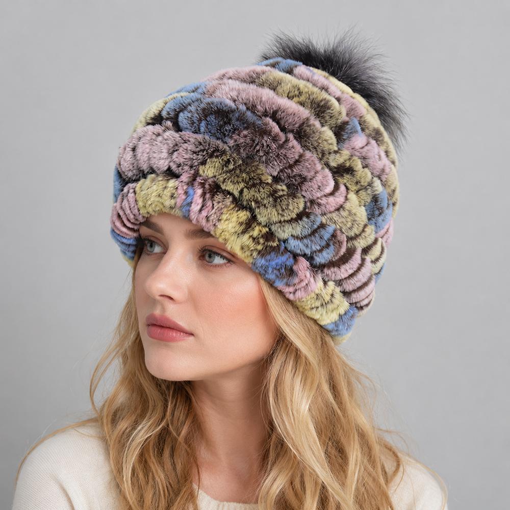 New Luxury Knitted Real Genuine Fox Fur Hats Women Beanies Solid Rex Rabbit Fur Caps Winter Lady Party Fashion Fur Hat Skullies