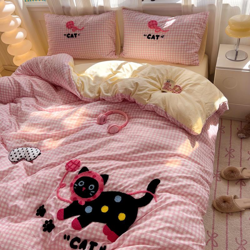 Applique Embroidery Ins Towel Embroidery Washed Cotton Four-piece Quilt Cover Bed Sheet Dormitory Three-piece Bedding Set Bed Sheet Quilt Cover