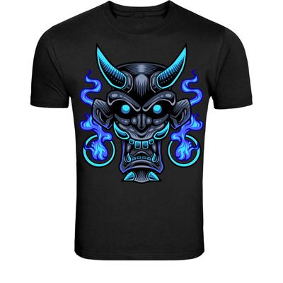 Dämon Oni Maske T-Shirt - Japanische Mythologie Blaue Flammen Grafik