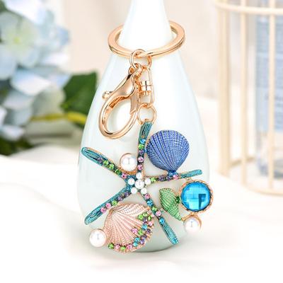 Rhinestone Starfish Keychain Sparkling Shell Faux Pearl Keyring Pendant for Purse Backpack Accessory Gift for Friends