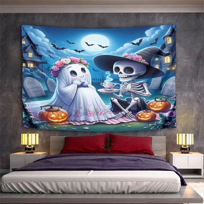 Halloween Ghost and Skeleton Tea Party Pattern Wall Hanging Tapestry Decorative Tapestry Home Decor for Bedroom and Living Room