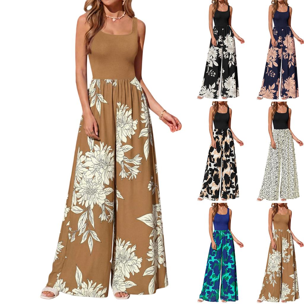Tuta da Donna Senza Maniche con Stampa Floreale a Gamba Larga Stile Casual da Vacanza Vestito dalla Vestibilità Rilassata per l'Estate
