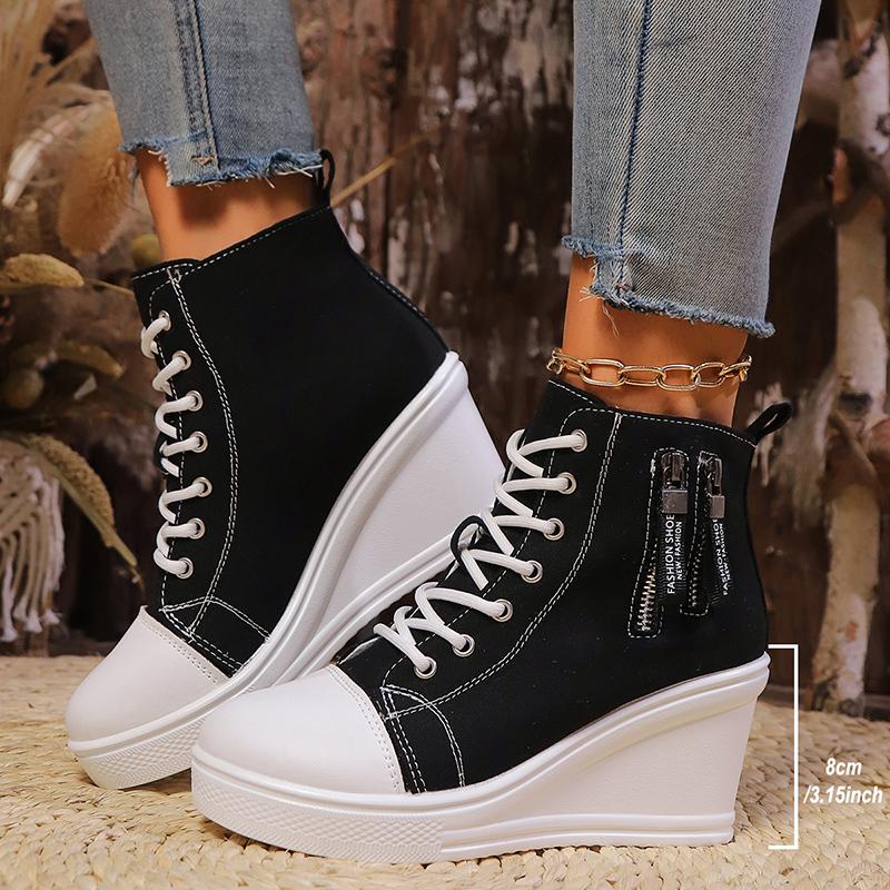 Fashion Women's Casual Canvas Wedge Sneakers High Top Platform Sports Shoes for Women 2025 Spring Autumn Lightweight Lace Up Ankle Boots