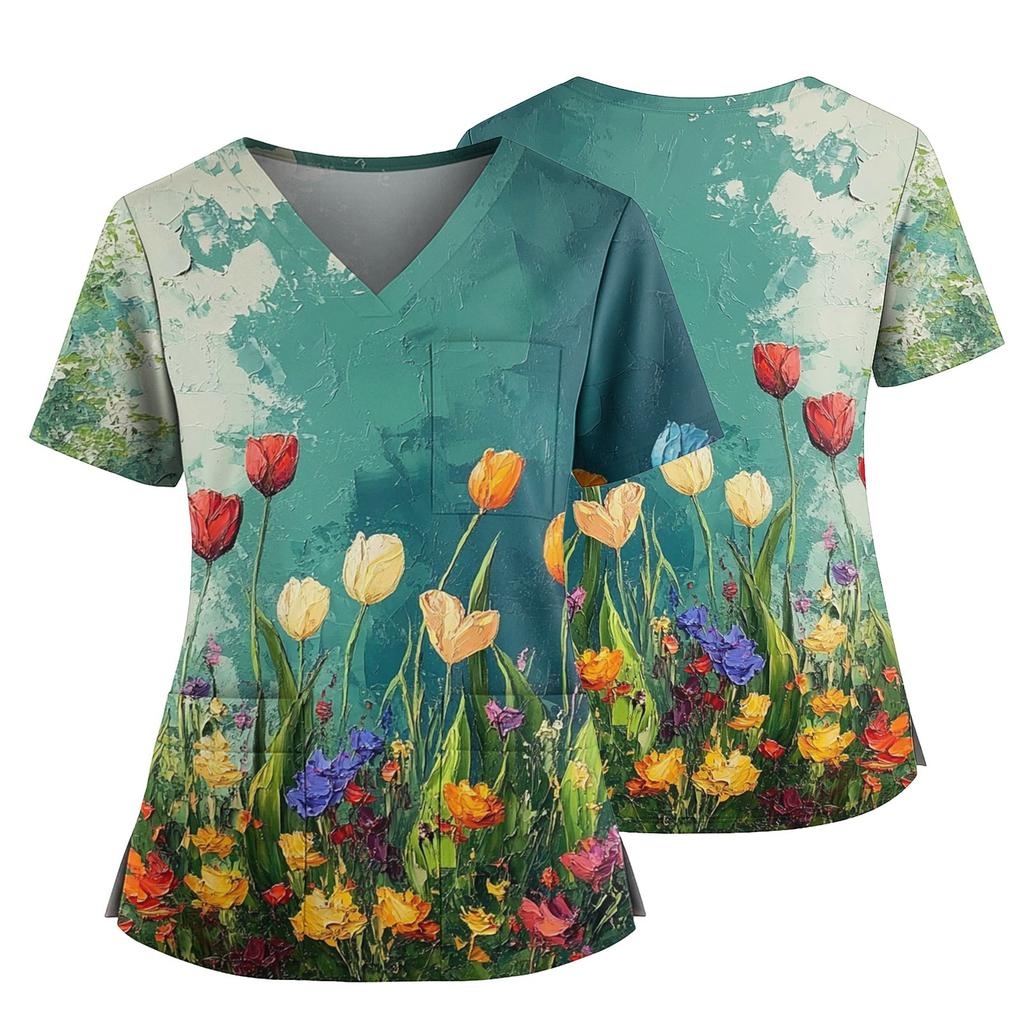 Damen Casual Bedrucktes V-Ausschnitt Taschen Seitennaht Schlitz Kurzarm Top