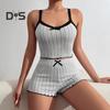 2 Pcs/Set Women Summer Pajamas Suit Shirring Edge Sleeveless Backless Crop Top Lace Bow Decor High Waist Mini Shorts Daily Nightie Slim Fit Sleepwear
