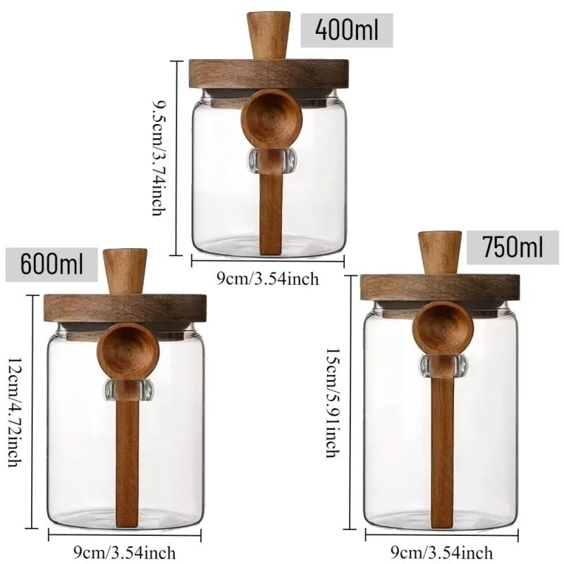 Food Storage Container Glass Jar with Wooden Lid & Scoop Grain Spice Coffee Bean