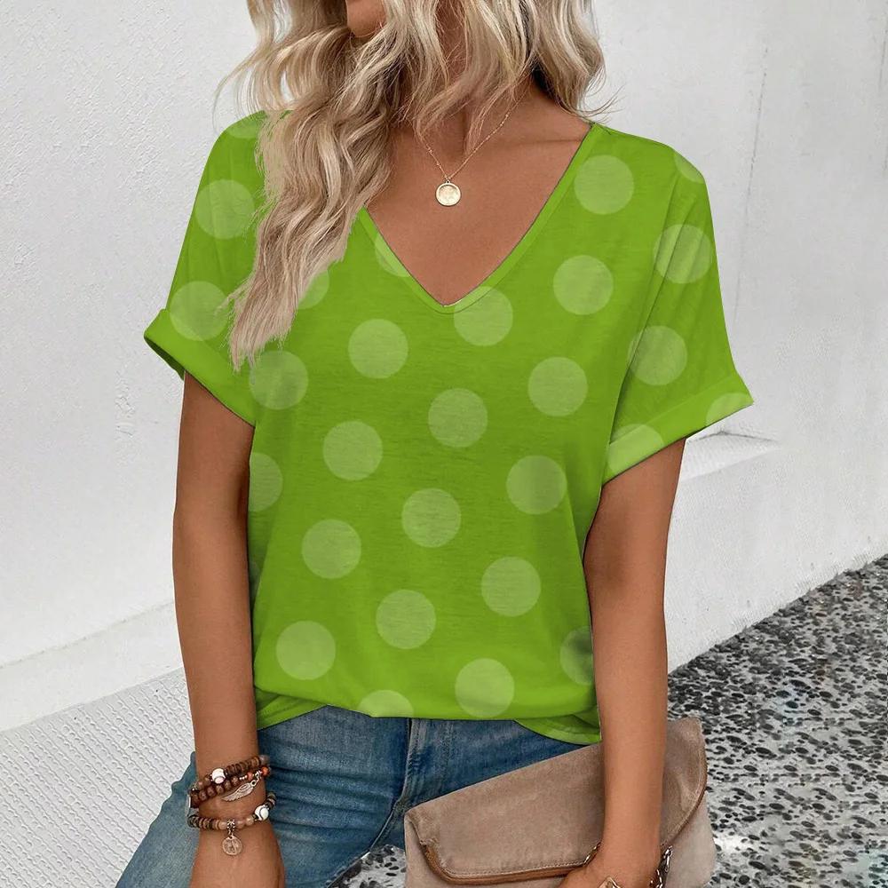 Nuove T-shirt a pois estive Stampa 3D Moda Donna Scollo a V Manica Corta T-shirt Y2K Casual Tee Abbigliamento Femminile Harajuku