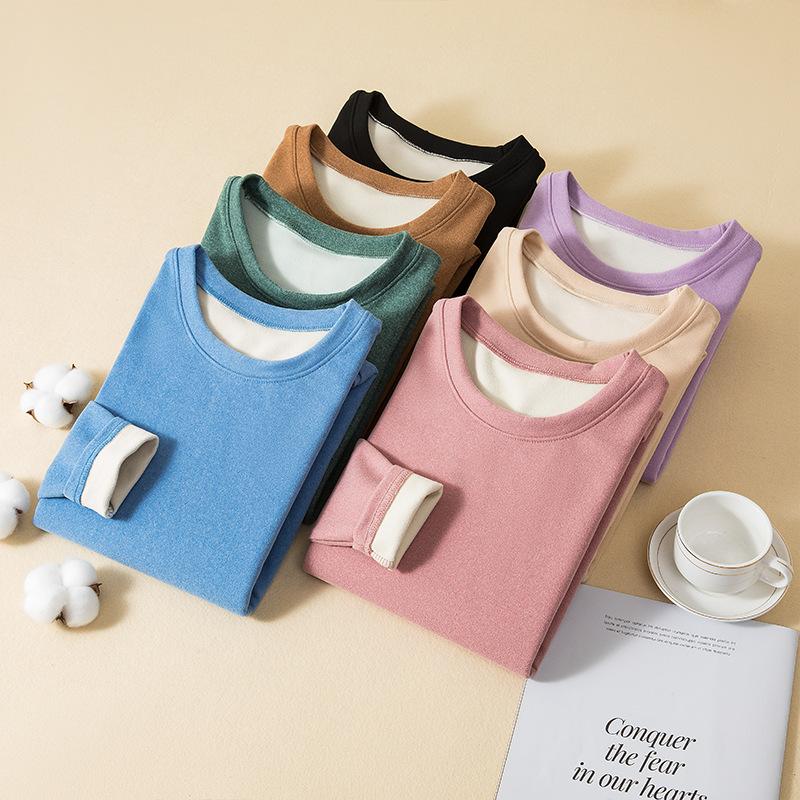 Large Size Loose Round Neck Casual Women's Autumn Winter Warm Long Sleeved T-shirt with Thick Velvet Lining for Autumn Home Wear