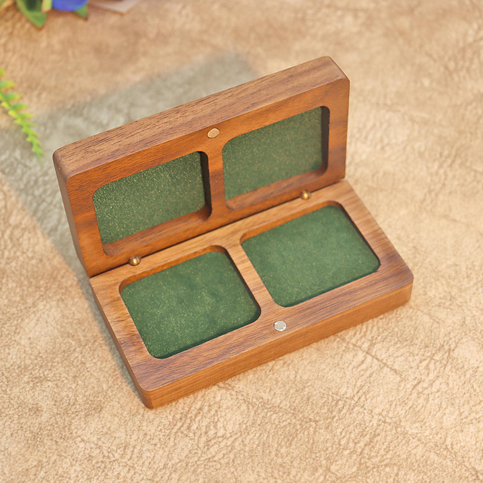 

Wooden Rings Box Couple Display Holder Small Elegant for Gift Jewelry Storage Birthday Green Lining