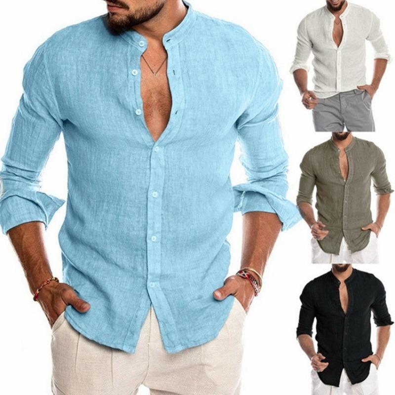 Autumn Winter V-neck Cotton Linen Cardigan Standing Collar Long Sleeved Men's Shirt