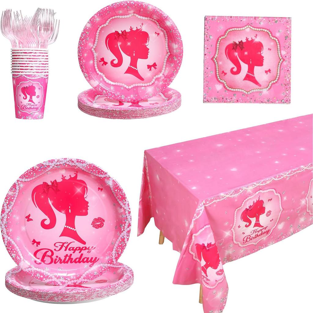 161CT Pink Babe Girl Happy Birthday Party Supplies Hot Pink Girl Party Decorations Tableware for 20 Guests for Baby Shower