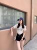 Women's Large Black Wide-Leg Drawstring Zipper A-Line High Waist Casual Shorts - Spring/Summer 2025