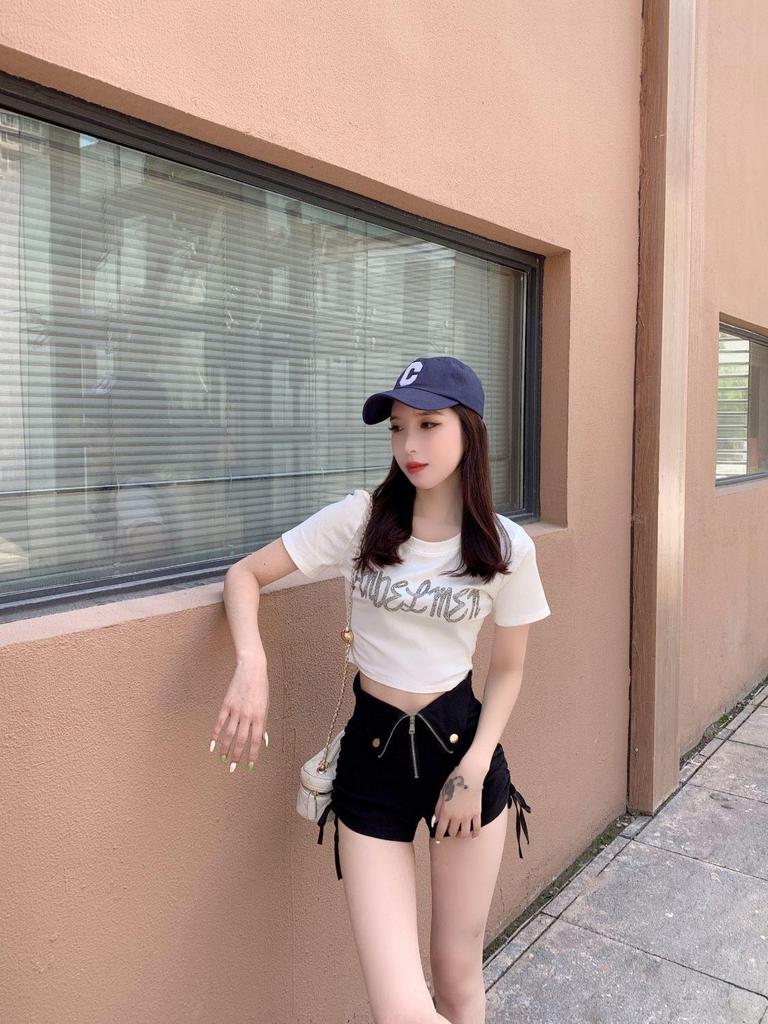 Women's Large Black Wide-Leg Drawstring Zipper A-Line High Waist Casual Shorts - Spring/Summer 2025