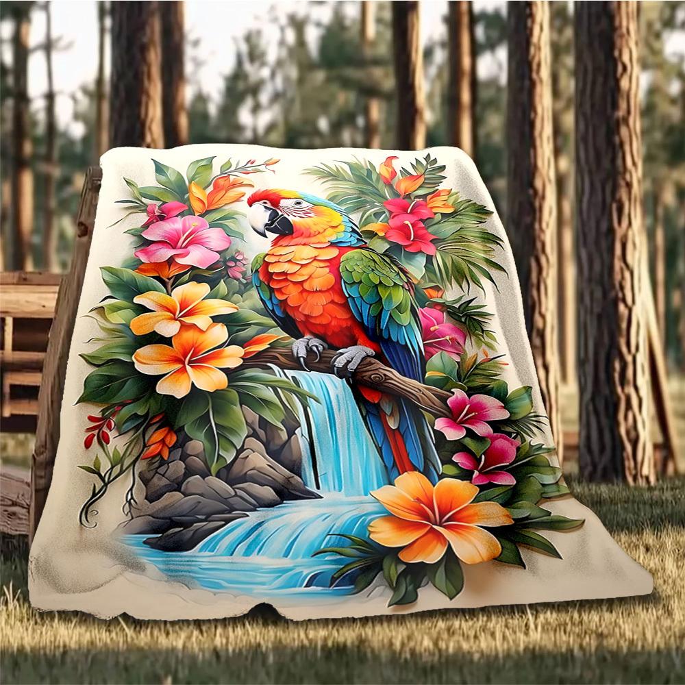 1pc Parrot Tropical Flowers Print Throw Blanket Polyester Fiber, Lightweight Flannel, Soft & Warm, All Season Use for Outdoor, Camping Digital Print