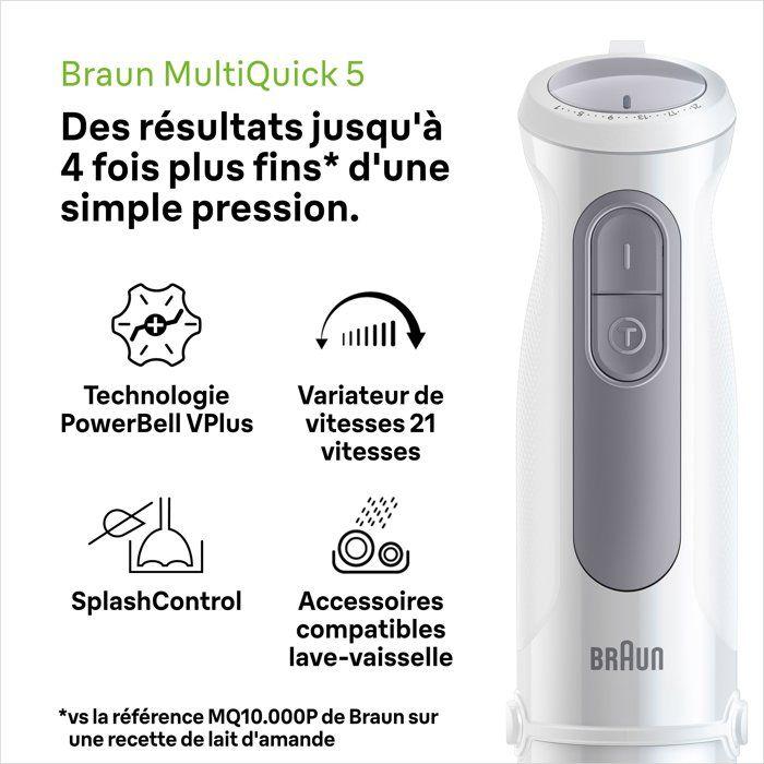Mixeur plongeant - braun - multiquick 5 - 1000 w - 21 vitesses - gobelet 600 ml - mini hachoir - fouet - blanc