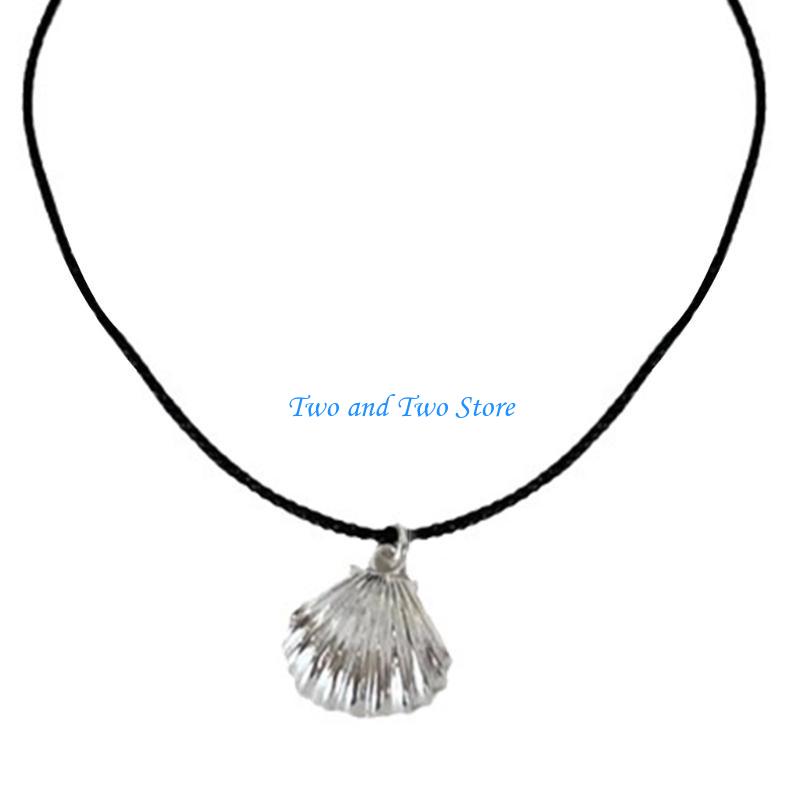 HX6F Shell Pendant Necklace Black Rope Bracelet Choker Elegant Clavicle Chain