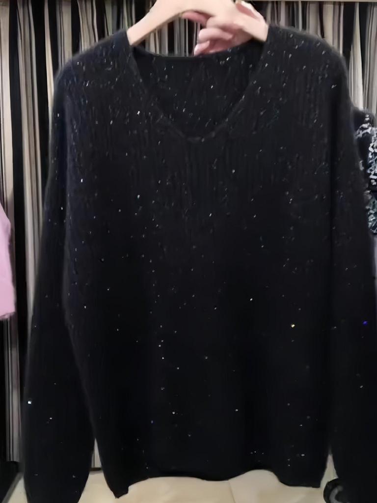2026 Autumn Fine Glitter V-Neck Sequined Knitwear Sweater - Stylish Lazy Black Edition for Women