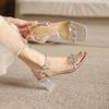 French Genuine Leather Square Toe Rhinestone Straight Strap with Back Hollow Thick Heel Sandals, Gentle and Versatile for Women