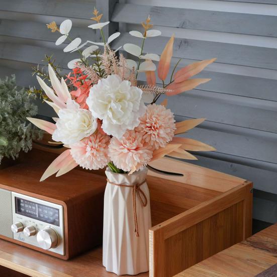 Fake Peonies Artificial Flower Bouquet Realistic Peony Chrysanthemum with Eucalyptus Leaves Faux Silk Floral Arrangement for Wedding Bouquets Baby