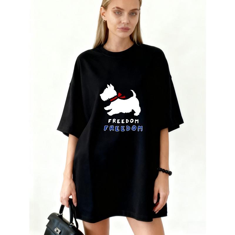 Oversized T Shirt Black Westie Dog With Red Bow Freedom Text Print Casual Streetwear For Women S