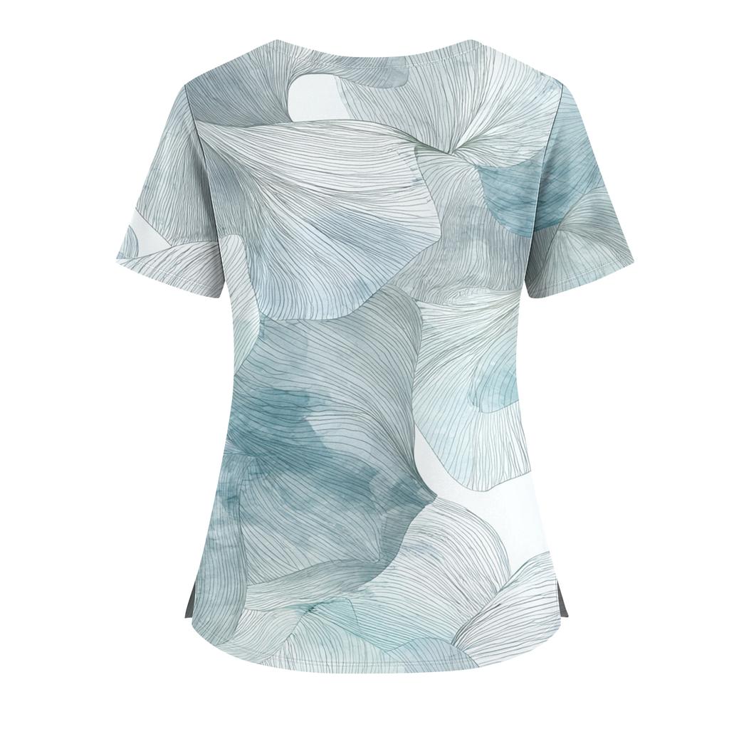 Women's Gradient Print V-Neck Double Pocket Short Sleeves Hem Slit Uniform Caregiver Top