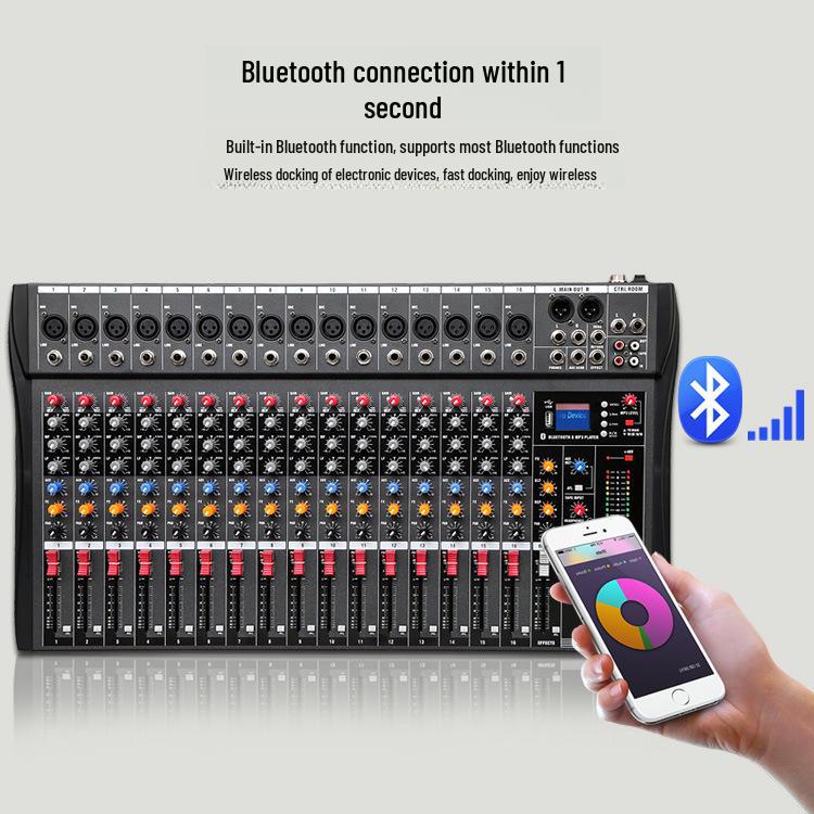 16-Channel Professional Karaoke Mixer with USB, Bluetooth, and Reverberation Effects for Stage Performance Monitoring