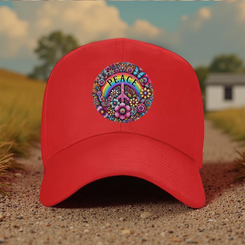 Peace Sign Hippie Rainbow Floral Print Baseball Cap Unisex Cotton Adjustable Casual Summer Hat
