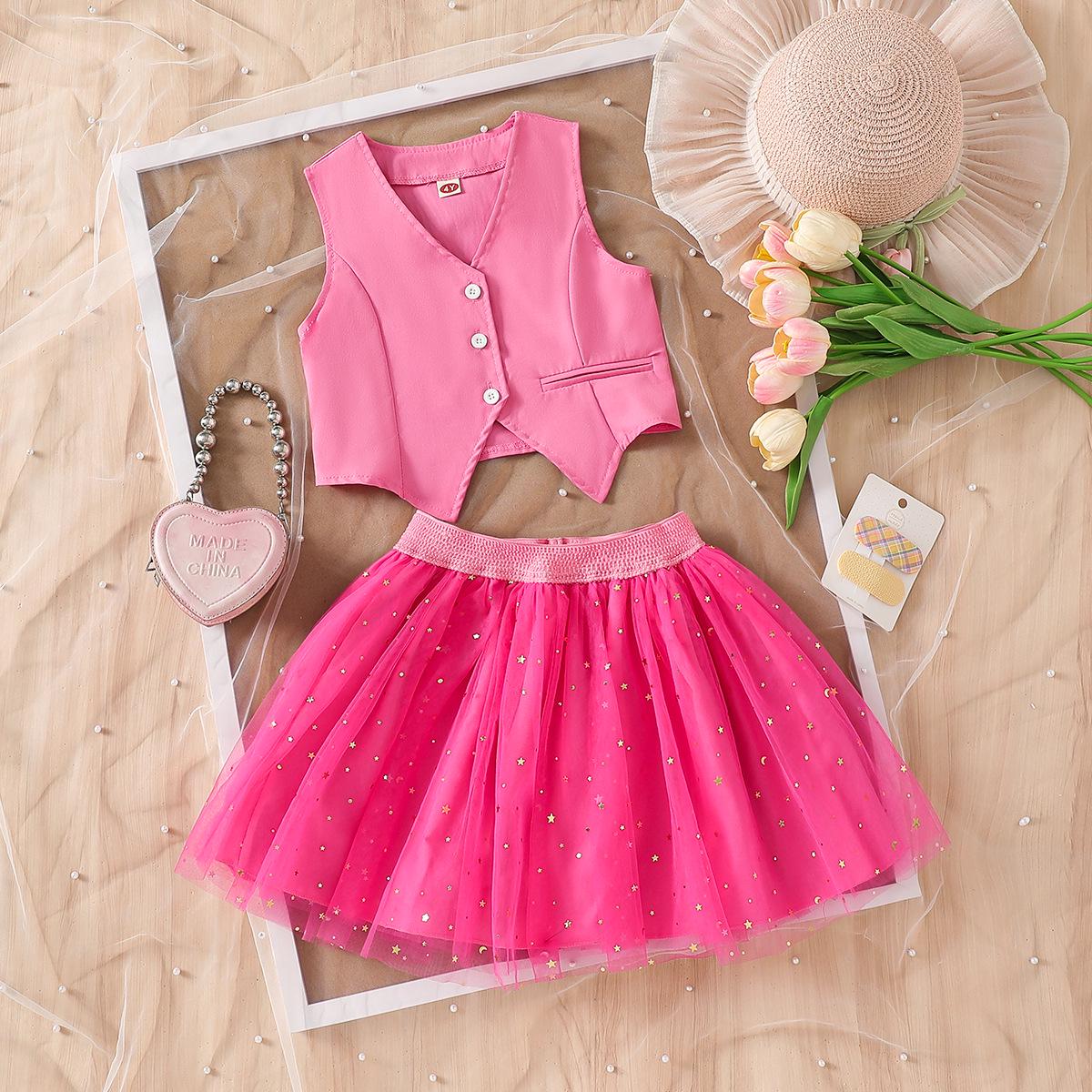 

2026 Top-Selling Fashion Sweet Cool Star Gauze Princess Dress Two-Piece Vest Set 7 Years фуксия