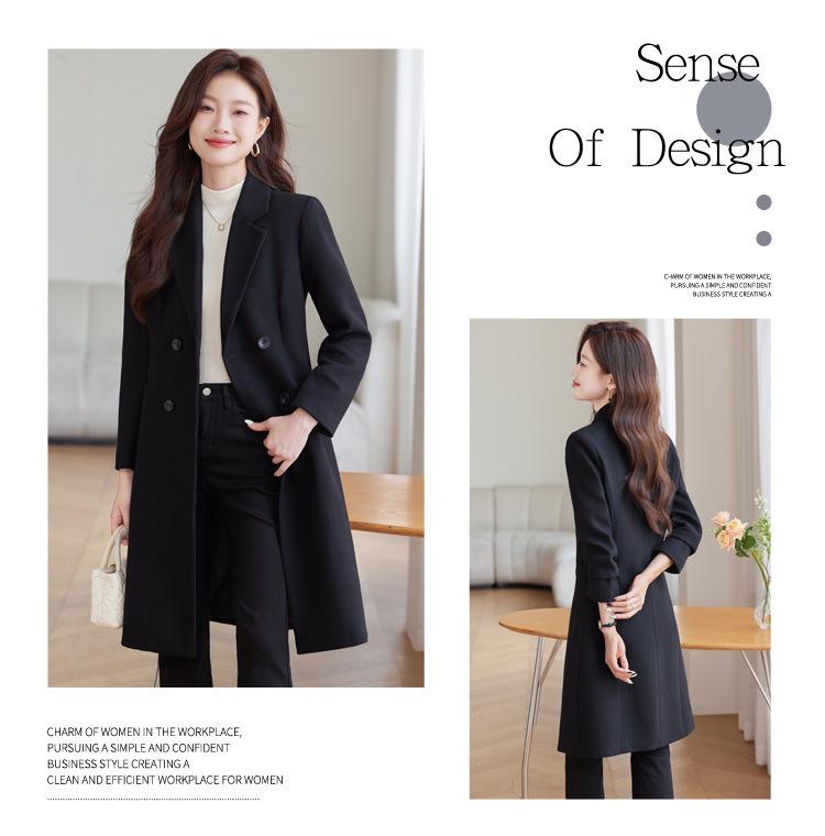 Trendy Navy Blue Wool Trench Coat for Work - Mid-Length, Petite Fit