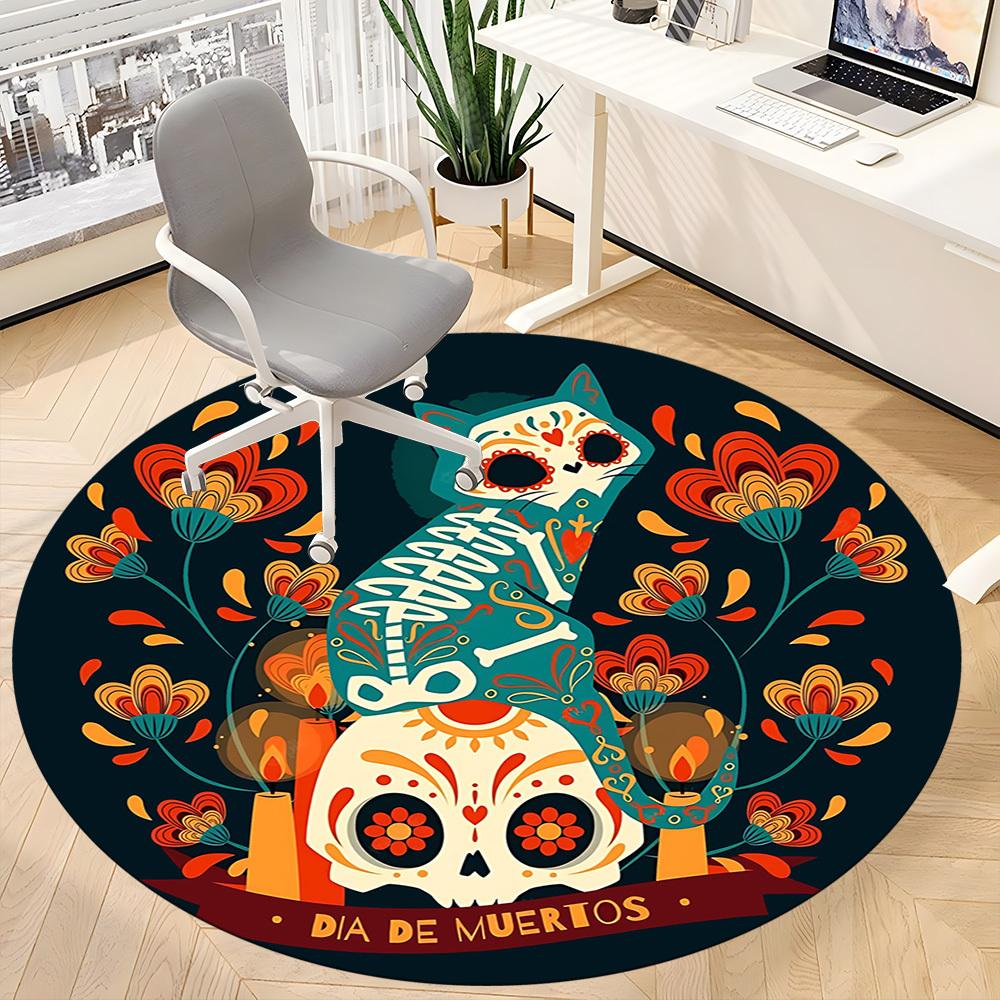 1pc Dia De Muertos, Cat Sugar Skull Office Round Area Rug,  Mat Suitable For Office, Under Office Chairs Bedroom Living Room Home Decor, Room Deco