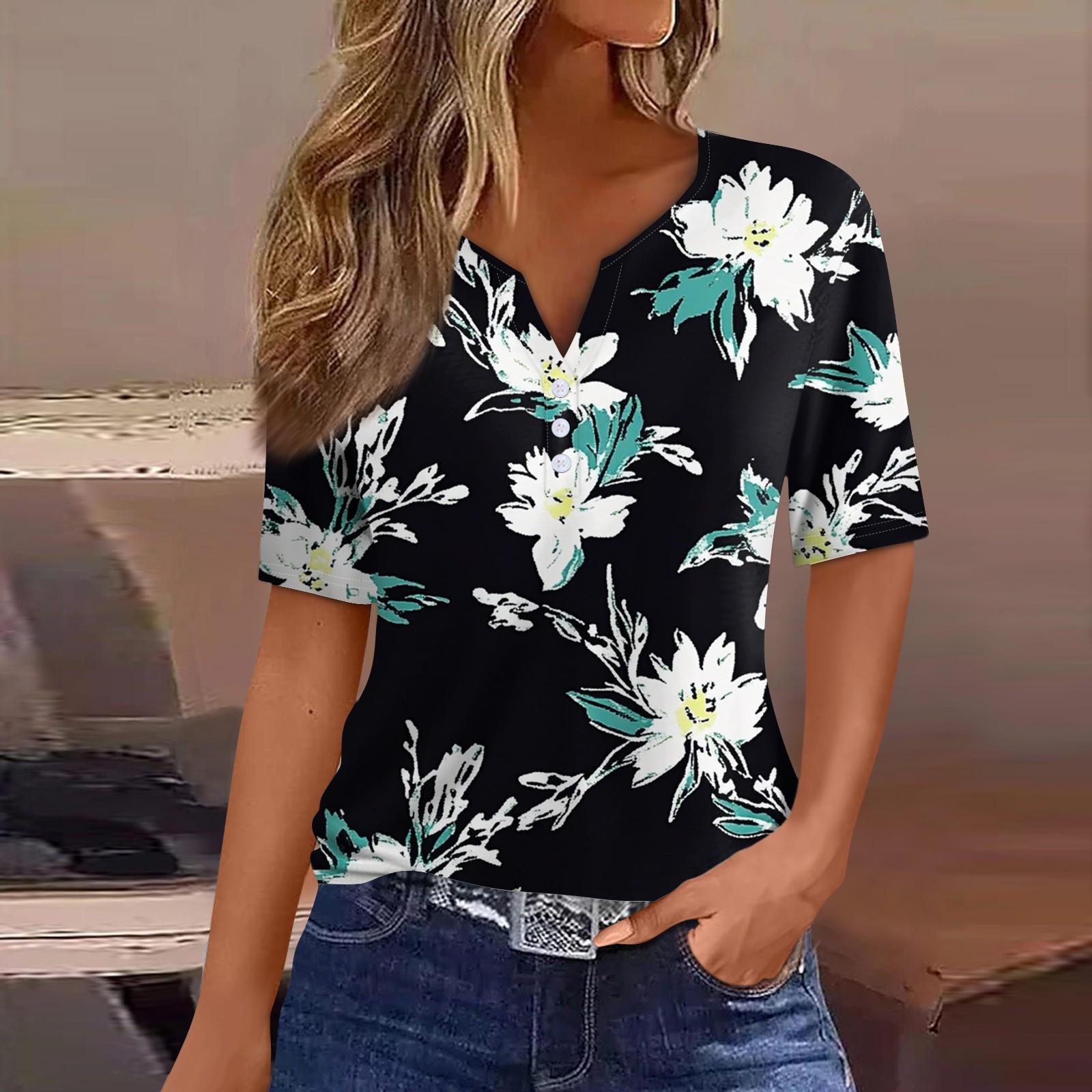 

Women s Casual V-neck Short Sleeved Decorative Button Up T-shirt Top M чёрный