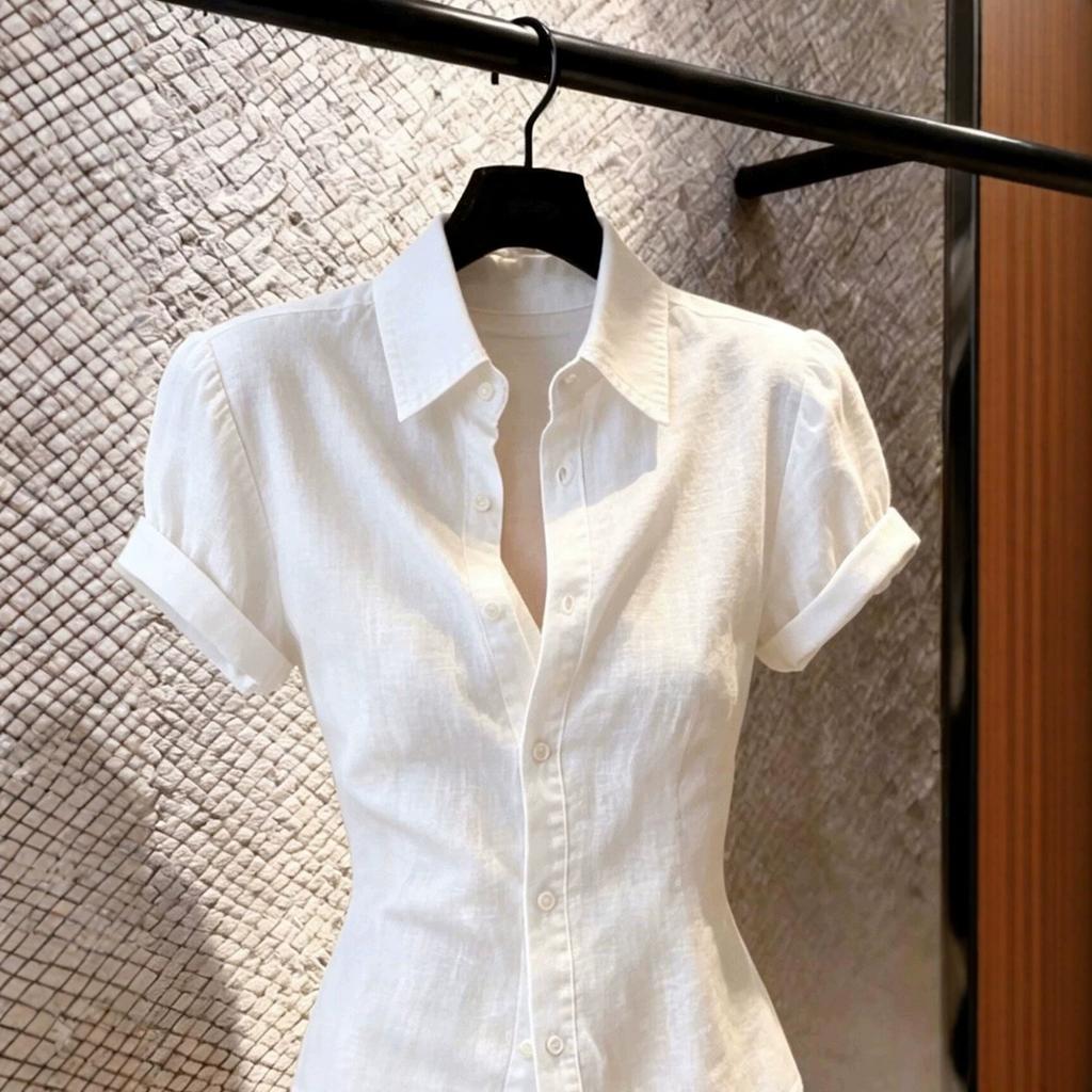 Slim-fit button-down short-sleeved lapel shirt, women's summer high-end light luxury gentle top, versatile