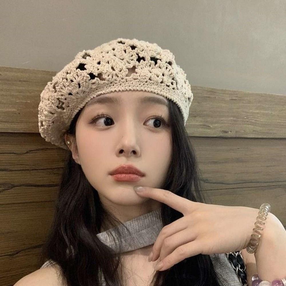 Breathable Hollowed Out Beret Thin Crochet Knitted Cap Elegant Flower Hat  Holiday