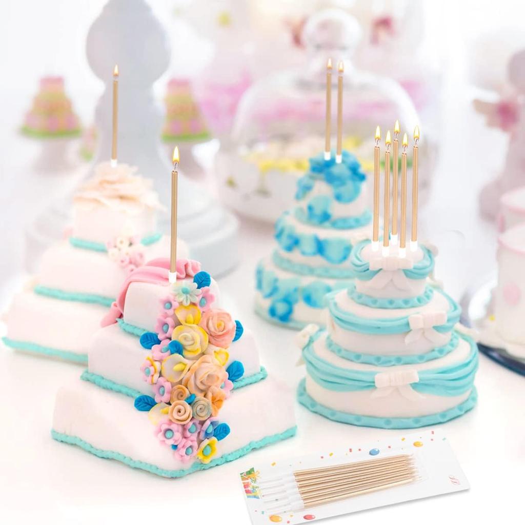 30pcs Count Party Long Thin Cake Candles Metallic Birthday Candles in Holders for Birthday Cakes Cupcake, Champagne Gold