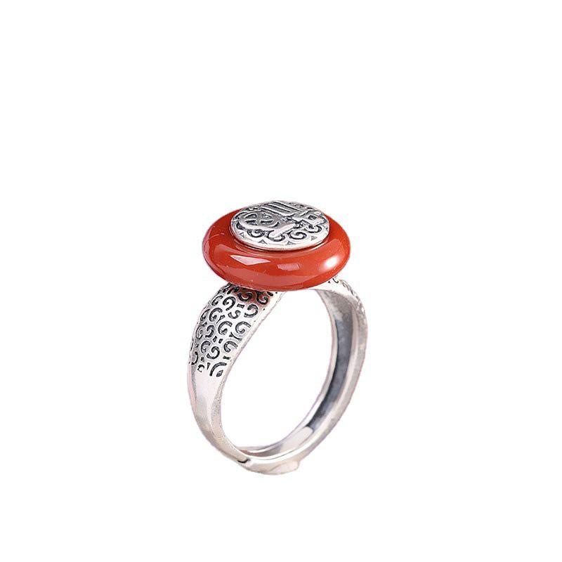 Retro Gilt Openwork Ruyi Ring: Natural Imitation Hetian Jade Peace Buckle with Auspicious Fu Character and Cloud Design for Women