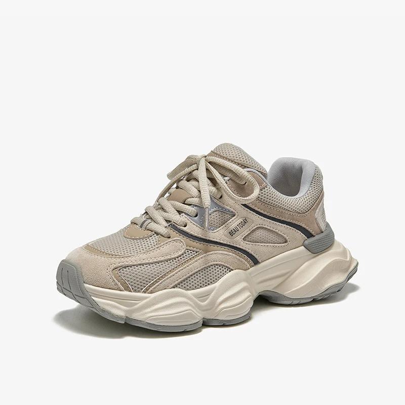 

LUXSOLE Chunky Sneakers Women Mesh Mixed Round Toe Lace-up Thick Sole New Breathable Ladies Sports Shoes Handmade 35