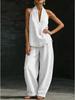 Autumn Women's Hong Kong Style Denim Halter Top and Wide-Leg Jeans Set