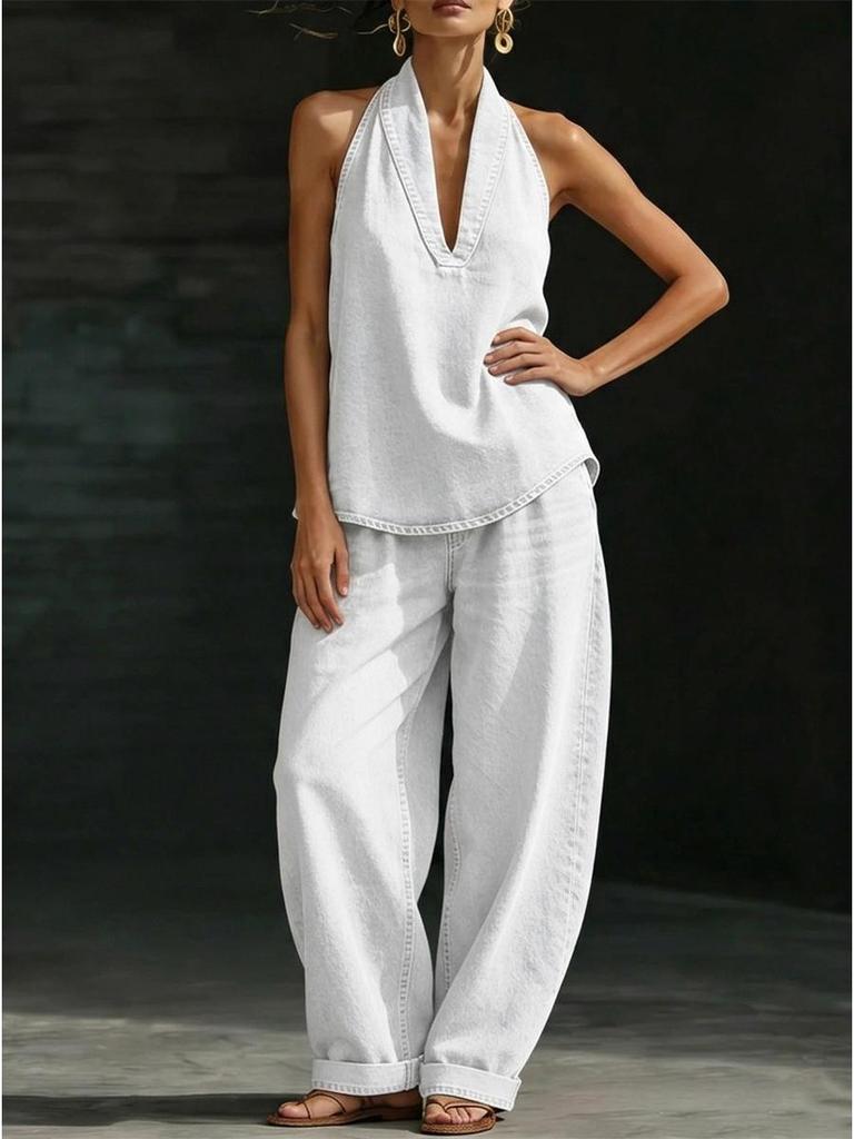 Autumn Women's Hong Kong Style Denim Halter Top and Wide-Leg Jeans Set