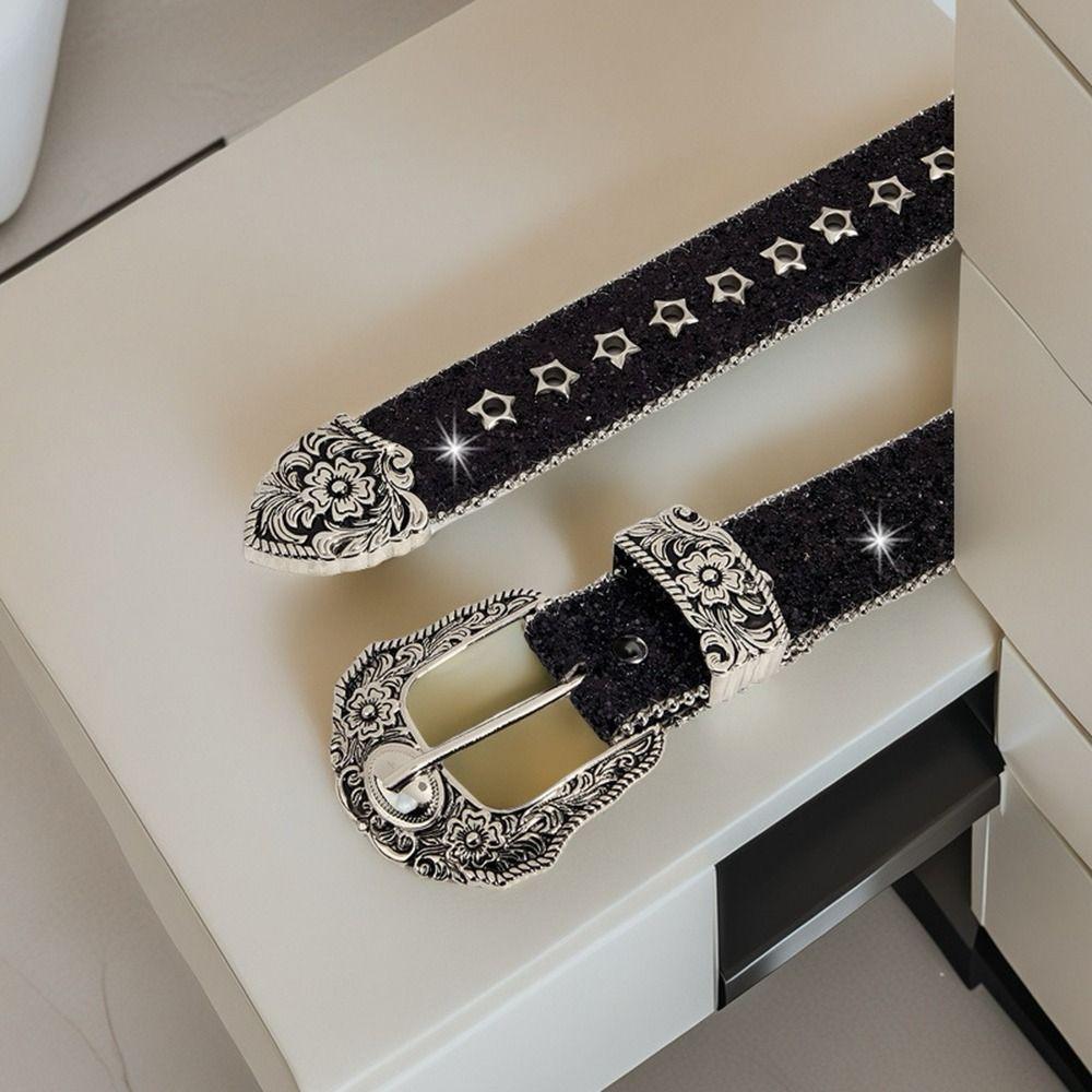 Metal Engraved Buckle Western Cowboy Belt PU Leather Buckle Belt Fashion Waistband for Men Women