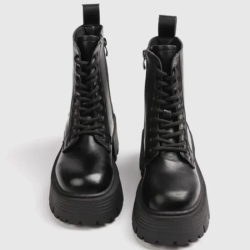 2025 Chunky Heel Black Mid Calf Platform Boots Women Fashion Lace Up Side Zip Design Soft Leather PU Biker Boots for Women Botas