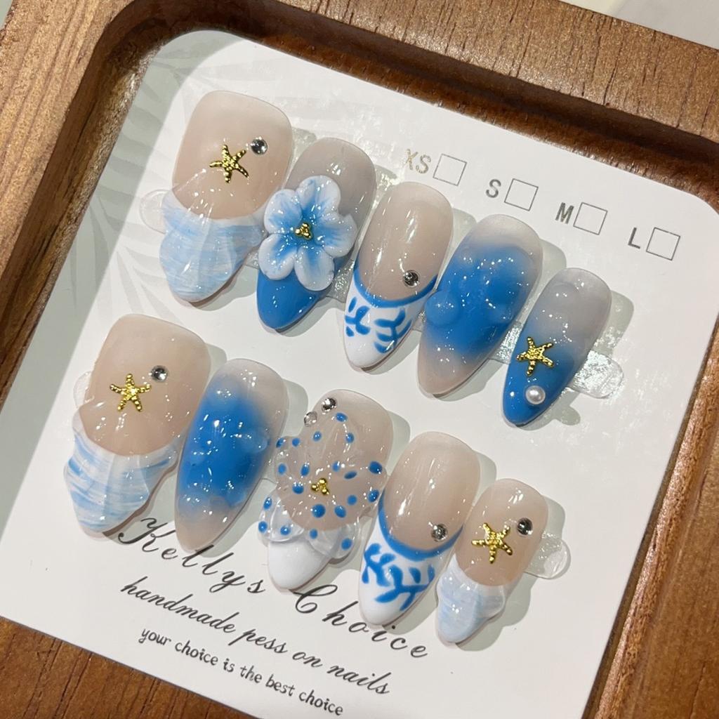 10Pcs Handmade Press On Nails Summer Fruit 3D French Almond Colorful False Nail Tips Wearable Manicure