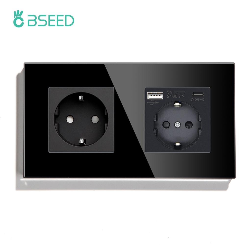BSEED Double EU Wall Socket Type-c USB Power Sockets Android Apple Mobile Phone Charging Ports Glass Panel 16A
