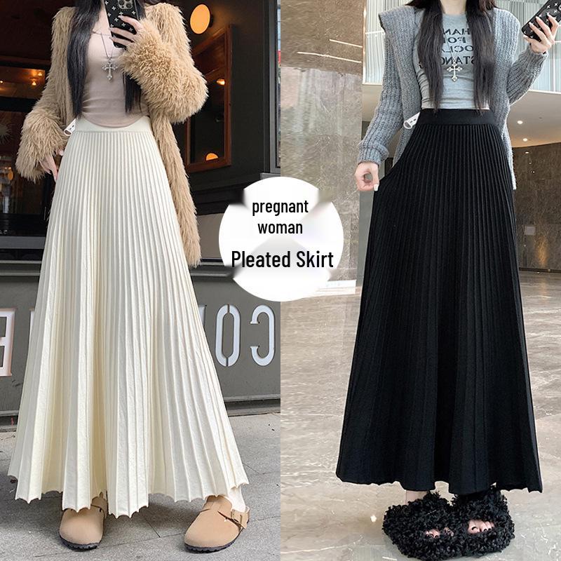 

Elegant Knit Pleated Maternity A-Line Umbrella Skirt - High-Waisted, Slimming, Autumn/Winter Style Large чорний