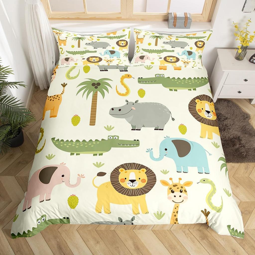 Kawaii Lion Duvet Cover Set Twin King For Kids Boys Girls Cartoon Animal Bedding Set Microfiber Wild Animals Theme Quilt Cover